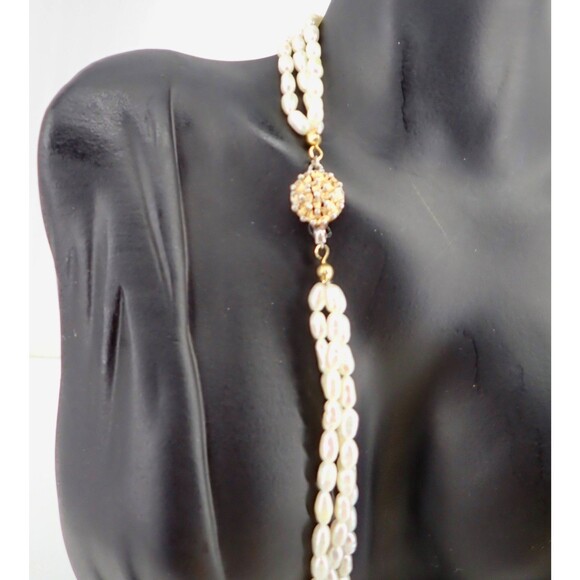 Genuine Fresh Water Rice White Pearls 3 Strand Necklace Box Clasp Vintage 24" - Picture 3 of 15
